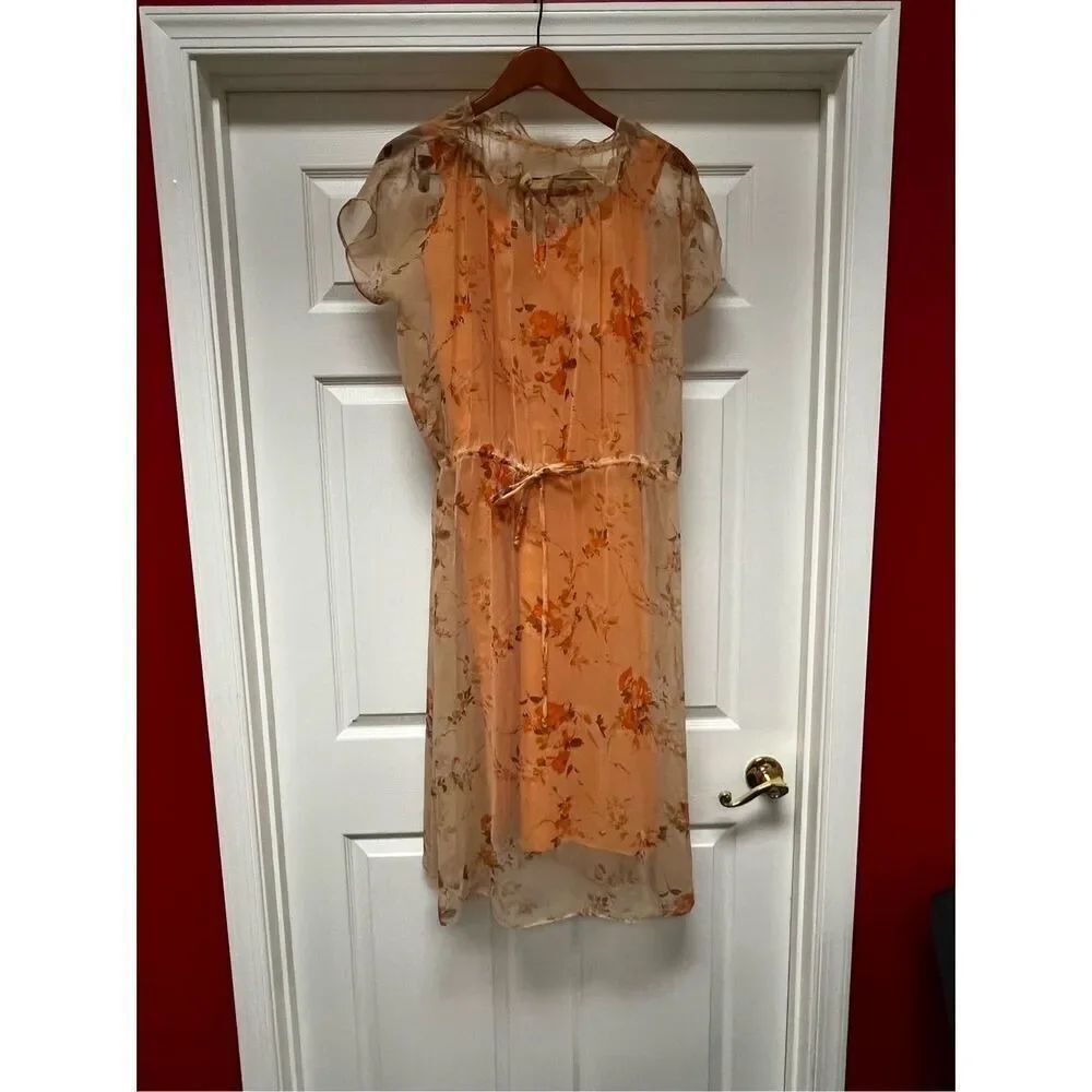 Vintage Handmade Peach Floral Sheer Two Piece Tie Waist Dress sz M EUC